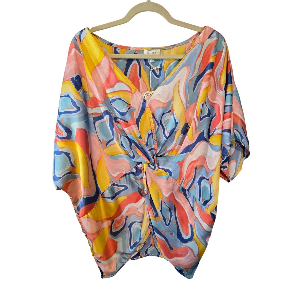 Umgee USA Plus Size‎ 1XL Abstract Marble Print Twist Front Satin Top Multi New